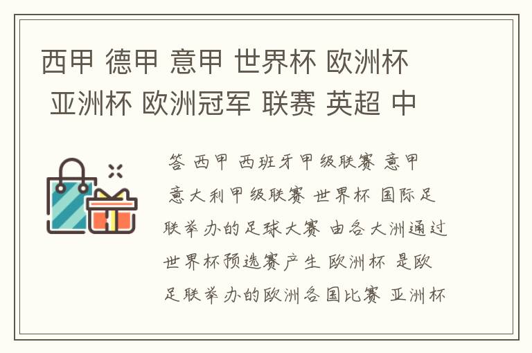 西甲 德甲 意甲 世界杯 欧洲杯 亚洲杯 欧洲冠军 联赛 英超 中超  分别是什么意思啊？