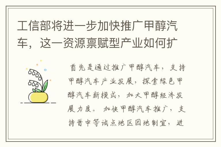 工信部将进一步加快推广甲醇汽车，这一资源禀赋型产业如何扩大推广规模？