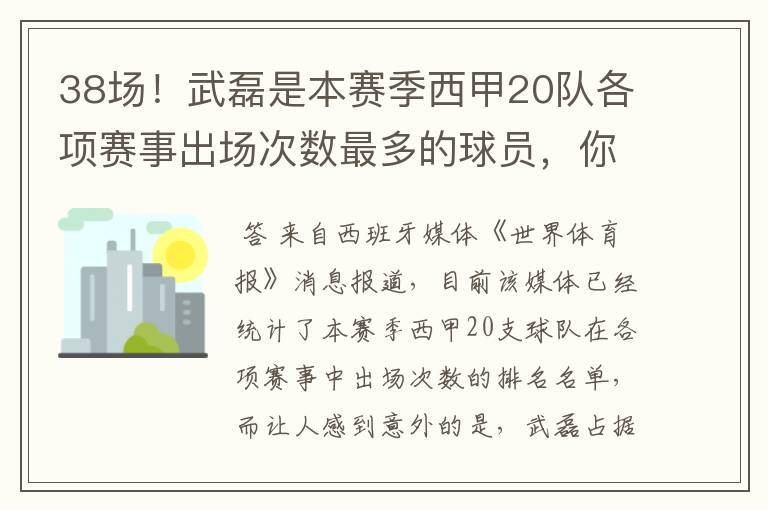 38场！武磊是本赛季西甲20队各项赛事出场次数最多的球员，你怎么看？