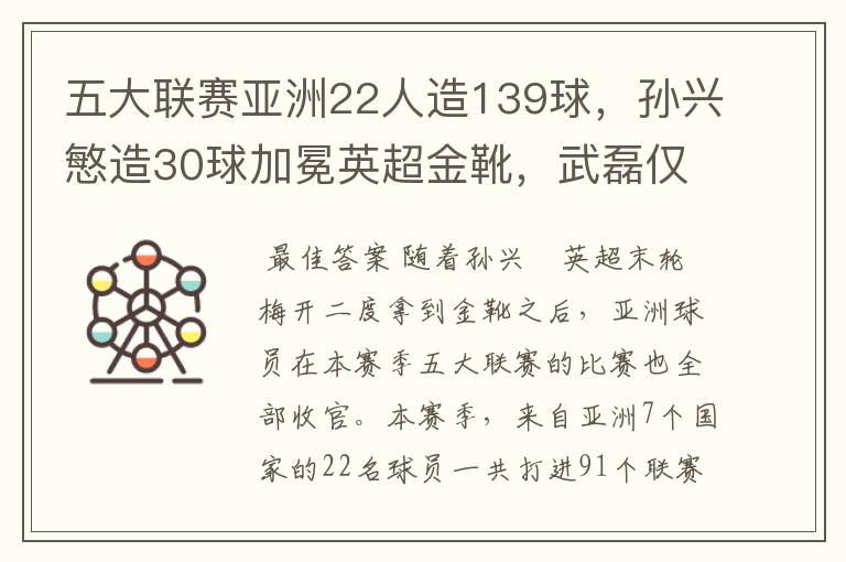 五大联赛亚洲22人造139球，孙兴慜造30球加冕英超金靴，武磊仅1球