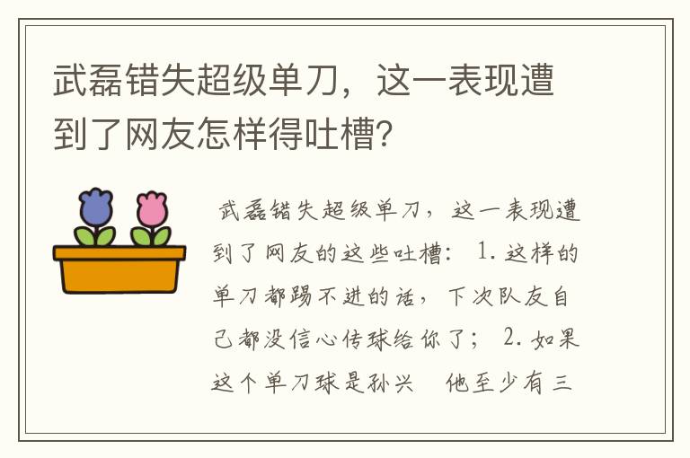 武磊错失超级单刀，这一表现遭到了网友怎样得吐槽？