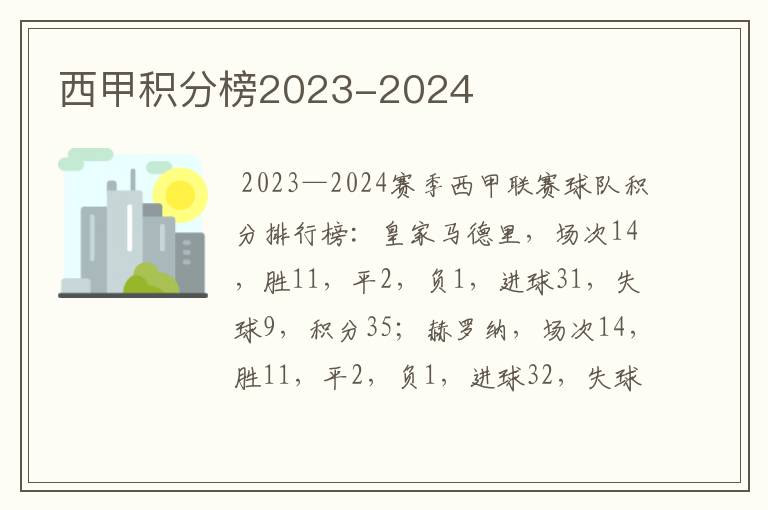 西甲积分榜2023-2024