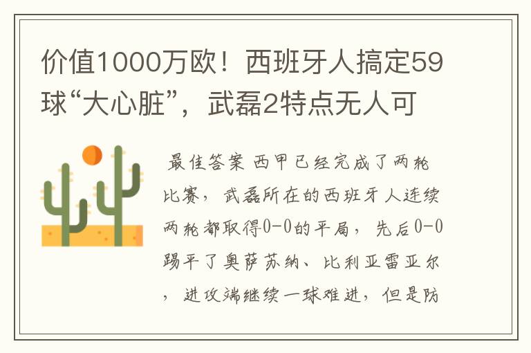 价值1000万欧！西班牙人搞定59球“大心脏”，武磊2特点无人可替