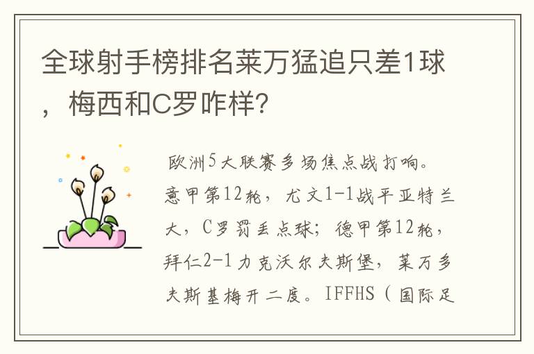 全球射手榜排名莱万猛追只差1球，梅西和C罗咋样？