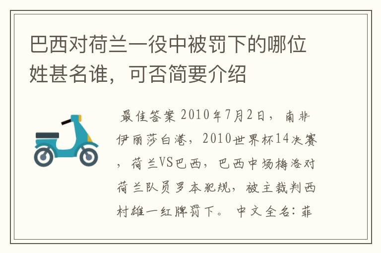 巴西对荷兰一役中被罚下的哪位姓甚名谁，可否简要介绍