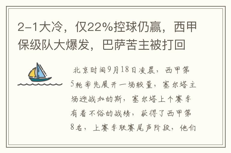 2-1大冷，仅22%控球仍赢，西甲保级队大爆发，巴萨苦主被打回原形