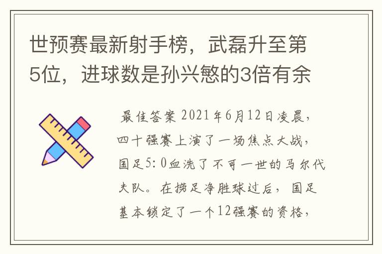 世预赛最新射手榜，武磊升至第5位，进球数是孙兴慜的3倍有余