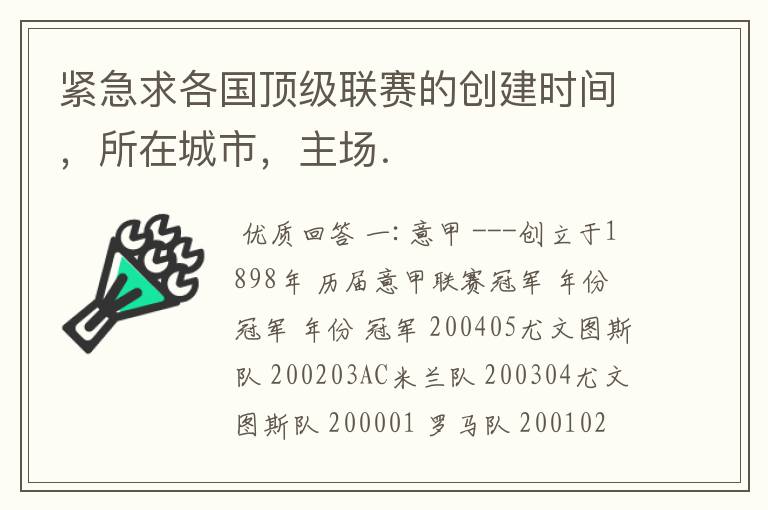 紧急求各国顶级联赛的创建时间，所在城市，主场．