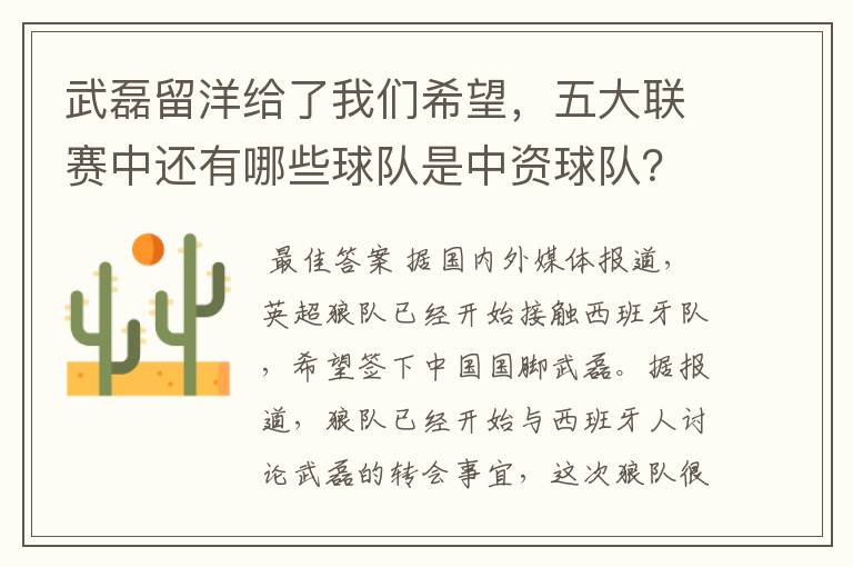 武磊留洋给了我们希望，五大联赛中还有哪些球队是中资球队？