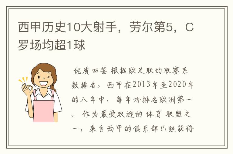 西甲历史10大射手，劳尔第5，C罗场均超1球