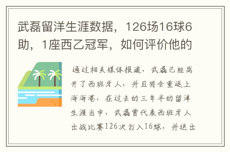 武磊留洋生涯数据，126场16球6助，1座西乙冠军，如何评价他的表现？