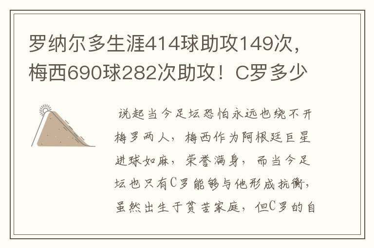 罗纳尔多生涯414球助攻149次，梅西690球282次助攻！C罗多少