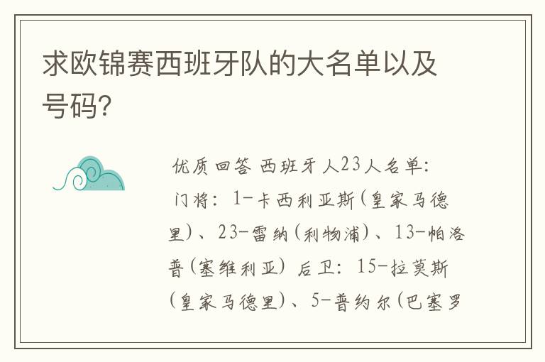 求欧锦赛西班牙队的大名单以及号码？