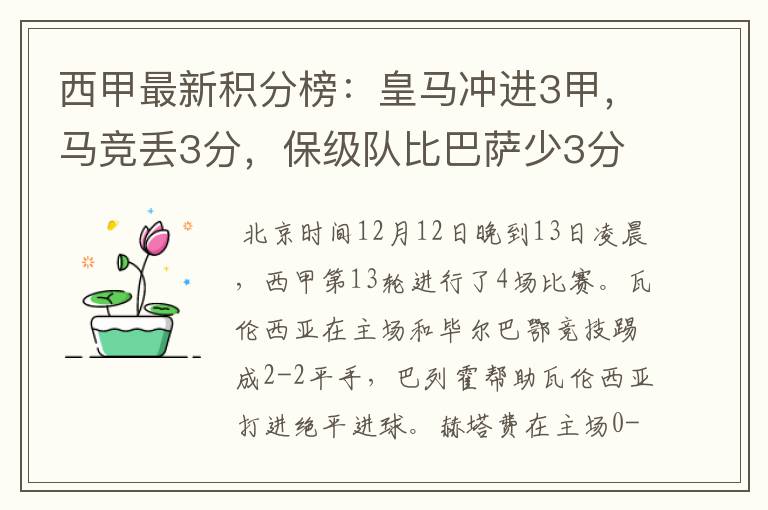 西甲最新积分榜：皇马冲进3甲，马竞丢3分，保级队比巴萨少3分