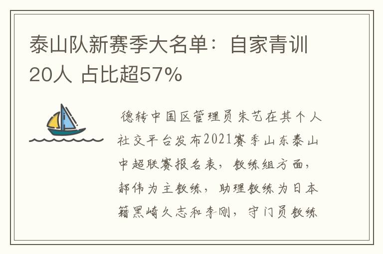 泰山队新赛季大名单：自家青训20人 占比超57%