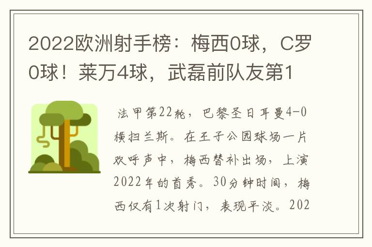 2022欧洲射手榜：梅西0球，C罗0球！莱万4球，武磊前队友第1