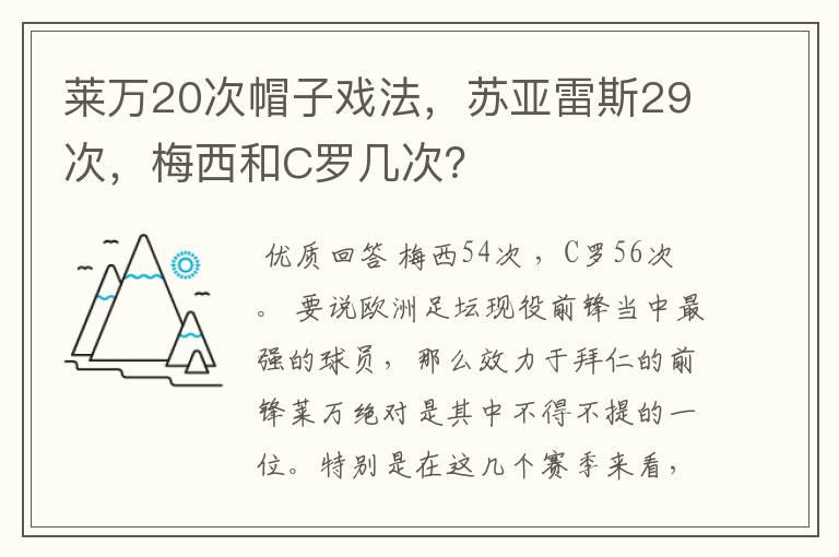 莱万20次帽子戏法，苏亚雷斯29次，梅西和C罗几次？