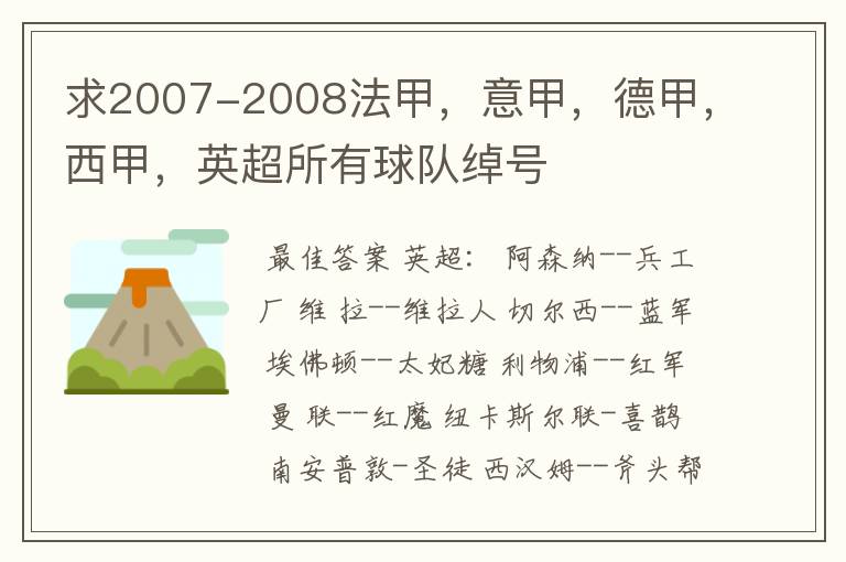 求2007-2008法甲，意甲，德甲，西甲，英超所有球队绰号