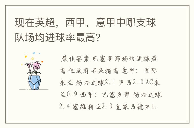 现在英超，西甲，意甲中哪支球队场均进球率最高？