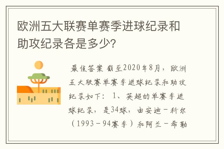 欧洲五大联赛单赛季进球纪录和助攻纪录各是多少？