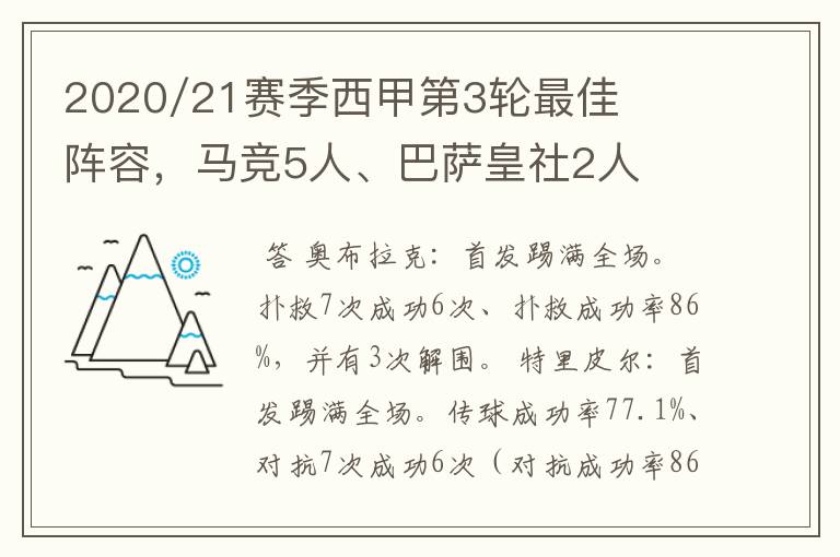 2020/21赛季西甲第3轮最佳阵容，马竞5人、巴萨皇社2人