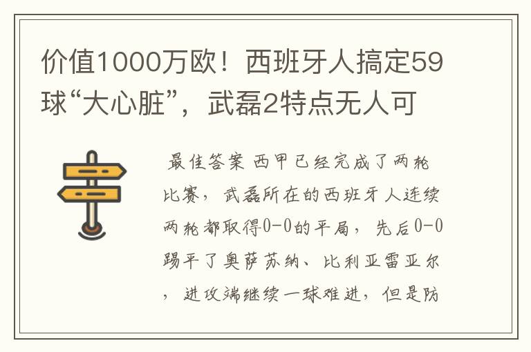 价值1000万欧！西班牙人搞定59球“大心脏”，武磊2特点无人可替