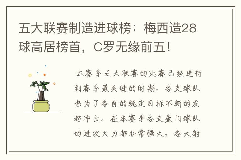 五大联赛制造进球榜：梅西造28球高居榜首，C罗无缘前五！