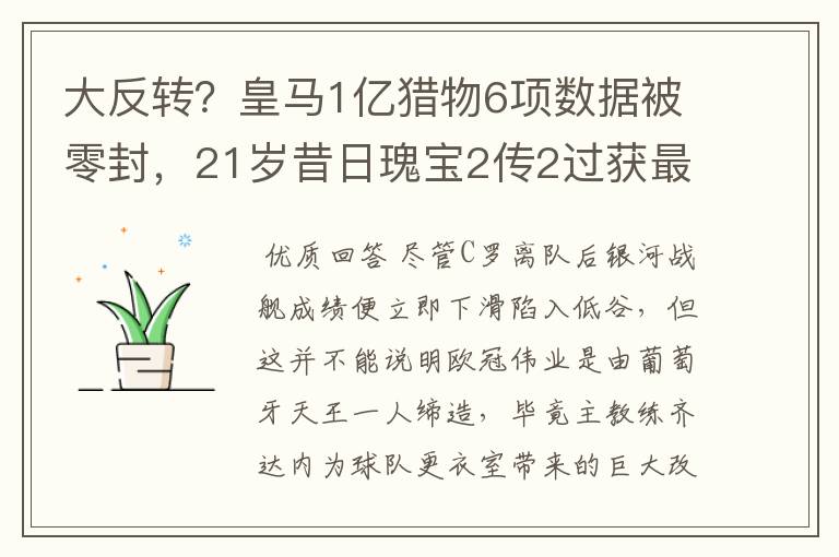 大反转？皇马1亿猎物6项数据被零封，21岁昔日瑰宝2传2过获最佳