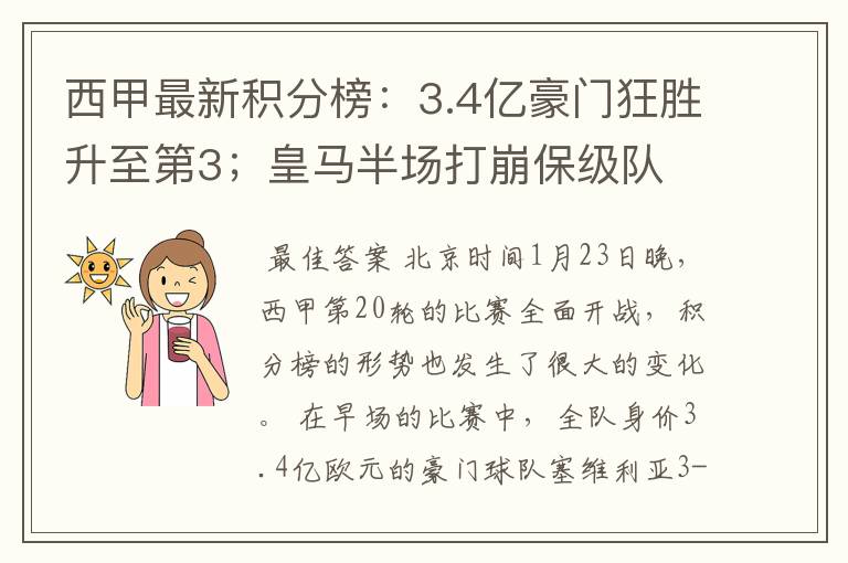 西甲最新积分榜：3.4亿豪门狂胜升至第3；皇马半场打崩保级队