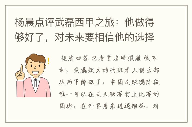 杨晨点评武磊西甲之旅：他做得够好了，对未来要相信他的选择