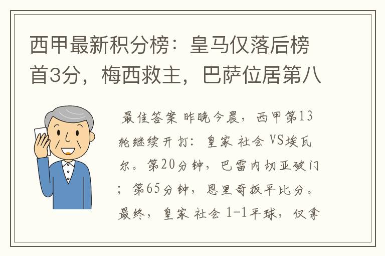 西甲最新积分榜：皇马仅落后榜首3分，梅西救主，巴萨位居第八