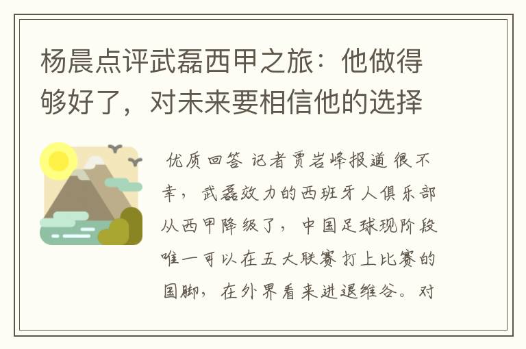 杨晨点评武磊西甲之旅：他做得够好了，对未来要相信他的选择