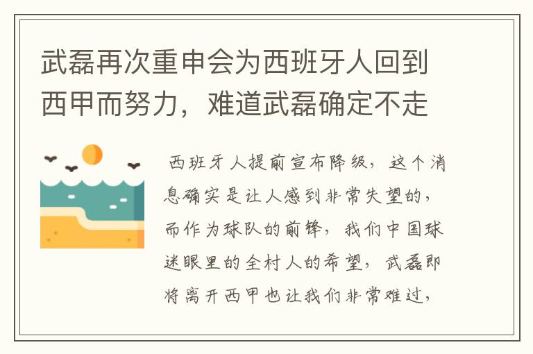 武磊再次重申会为西班牙人回到西甲而努力，难道武磊确定不走了？