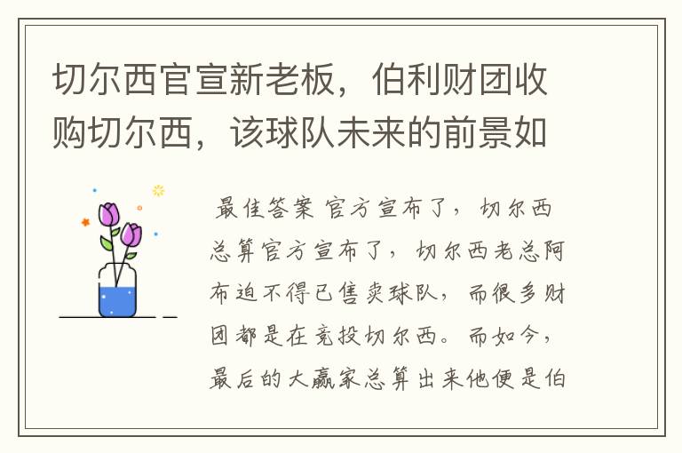 切尔西官宣新老板，伯利财团收购切尔西，该球队未来的前景如何？