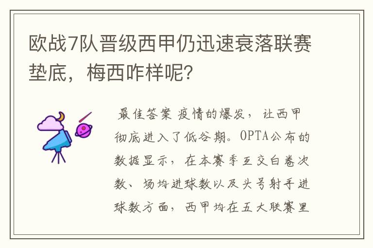 欧战7队晋级西甲仍迅速衰落联赛垫底，梅西咋样呢？