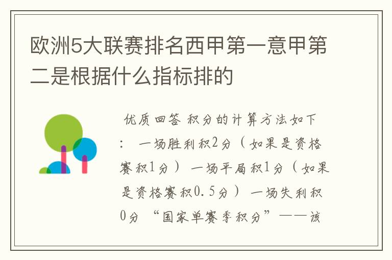 欧洲5大联赛排名西甲第一意甲第二是根据什么指标排的