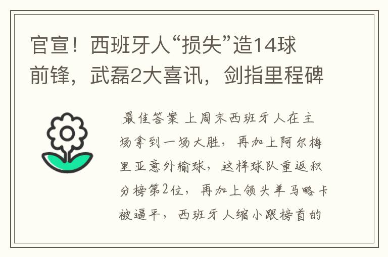 官宣！西班牙人“损失”造14球前锋，武磊2大喜讯，剑指里程碑