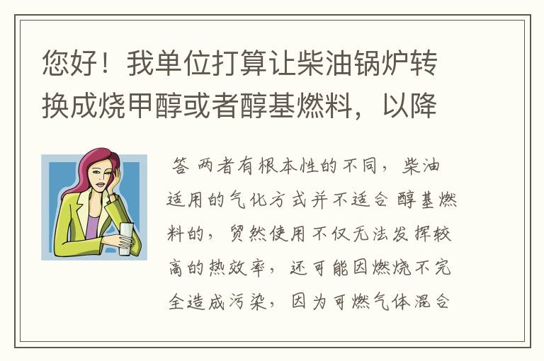 您好！我单位打算让柴油锅炉转换成烧甲醇或者醇基燃料，以降低成本，燃烧机需要如何调整呢？