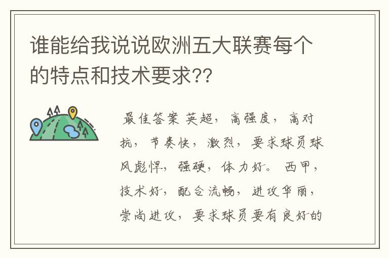 谁能给我说说欧洲五大联赛每个的特点和技术要求??