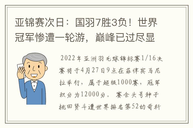 亚锦赛次日：国羽7胜3负！世界冠军惨遭一轮游，巅峰已过尽显无奈