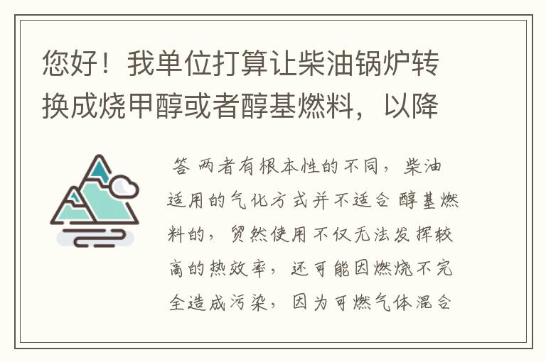 您好！我单位打算让柴油锅炉转换成烧甲醇或者醇基燃料，以降低成本，燃烧机需要如何调整呢？