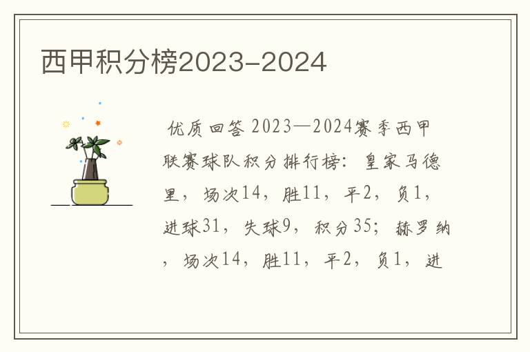 西甲积分榜2023-2024