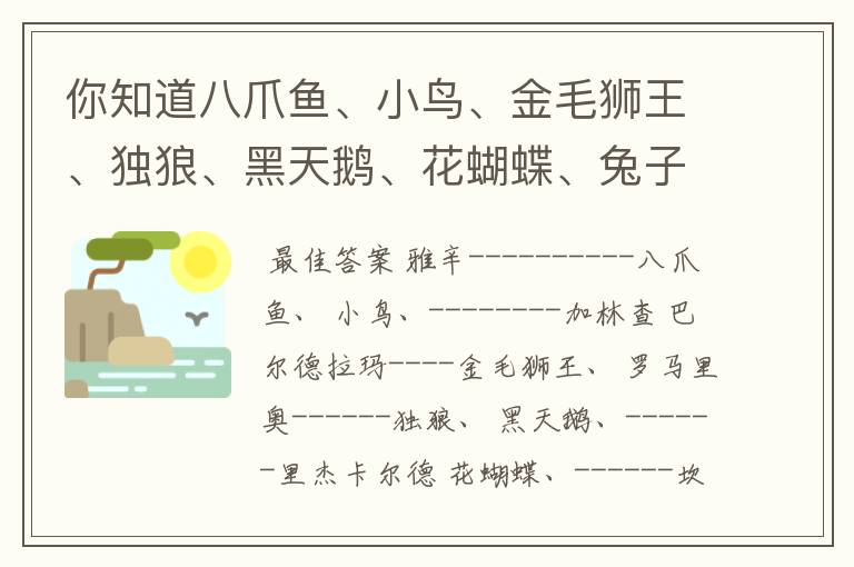 你知道八爪鱼、小鸟、金毛狮王、独狼、黑天鹅、花蝴蝶、兔子、黑豹这些以动物为外号又是指那些球员呢？