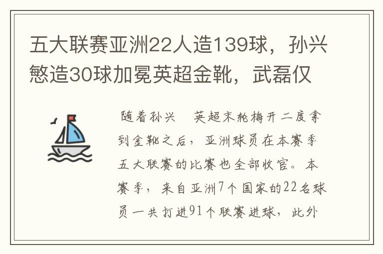 五大联赛亚洲22人造139球，孙兴慜造30球加冕英超金靴，武磊仅1球