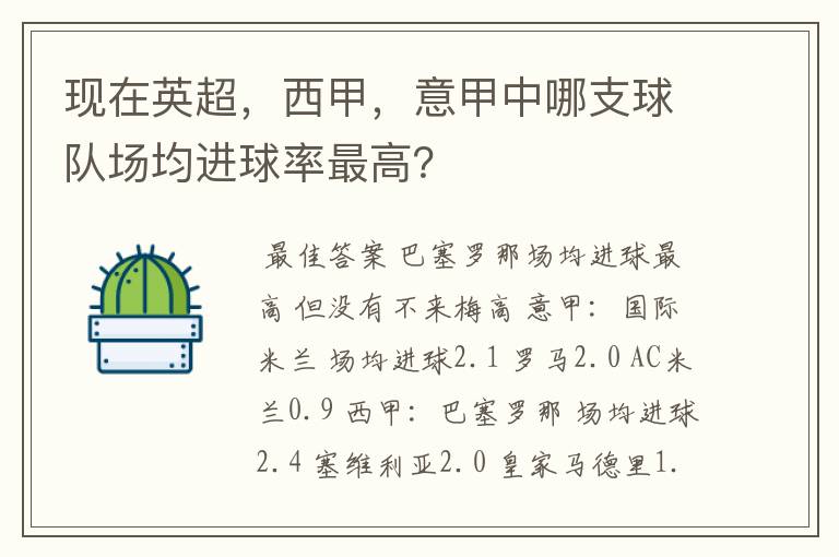 现在英超，西甲，意甲中哪支球队场均进球率最高？