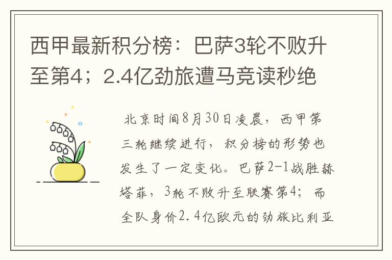 西甲最新积分榜：巴萨3轮不败升至第4；2.4亿劲旅遭马竞读秒绝平