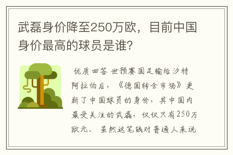 武磊身价降至250万欧，目前中国身价最高的球员是谁？