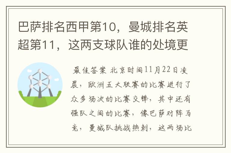 巴萨排名西甲第10，曼城排名英超第11，这两支球队谁的处境更糟糕 ？