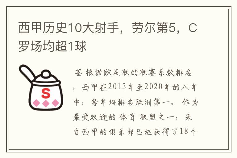 西甲历史10大射手，劳尔第5，C罗场均超1球