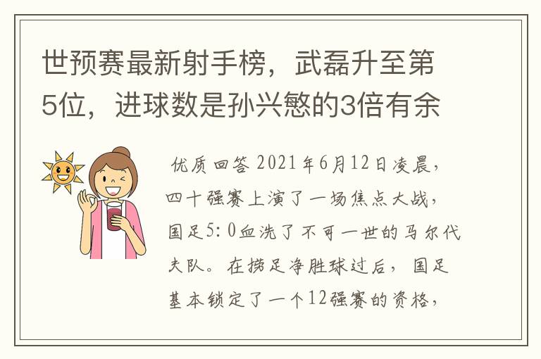 世预赛最新射手榜，武磊升至第5位，进球数是孙兴慜的3倍有余